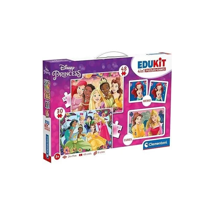 Clementoni CLE8005125182978 Edukit Princesas Disney Caja de aprendizaje 4 en 1: 2 rompecabezas, 1 nota, 1 juego de 6 cubos - Made in Italy