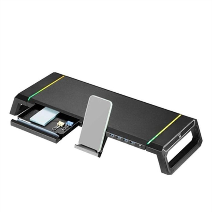 Ewent EW1268 Soporte Elevador de Monitor Escritorio con 4 Puertos USB 3.0, Iluminación RGB, Cajón y Soporte Móvil, Plegable Ergonómico Negro Ewent EW1268 Soporte Elevador de Monitor Escritorio con 4 Puertos USB 3.0, Iluminación RGB, Cajón y Soporte Móvil, Plegable Ergonómico Negro