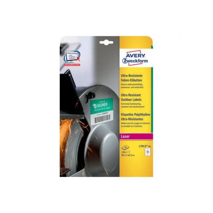 Avery L7913-10 Etiquetas Polietileno Flexible 99,1 x 42,3 MM Blancas Resistentes Agua Aceite Químicos UV Paquete 10 Hojas 0 Avery L7913-10 Etiquetas Polietileno Flexible 99,1 x 42,3 MM Blancas Resistentes Agua Aceite Químicos UV Paquete 10 Hojas 0