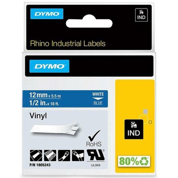 Cinta Laminada para Rotuladoras Rhino Dymo ID1-12 Azul Blanco 12 x 5,5 mm Autoadhesivas Vinilo (5 Unidades) 1