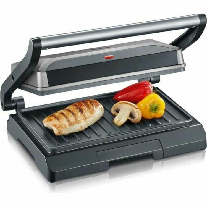 Severin KG2394 Parrilla Multifunción Compacta para Carne, Paninis, Verduras, Aves - Placas Antiadherentes 23x14.5 cm - 800W - Recogegrasas