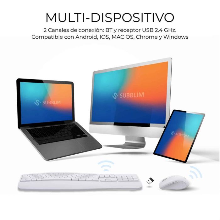 Subblim SUBKBC-DCOPW1 Teclado y Ratón Inalámbrico Ergonómico Combo Dual Office Prowave, BT+USB, Recargable, Silencioso, Blanco 2 Subblim SUBKBC-DCOPW1 Teclado y Ratón Inalámbrico Ergonómico Combo Dual Office Prowave, BT+USB, Recargable, Silencioso, Blanco 2