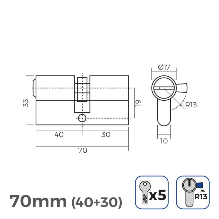 Cilindro 70mm (40+30mm) niquelado, leva corta r13 con 5 llaves seguridad incluidas 1