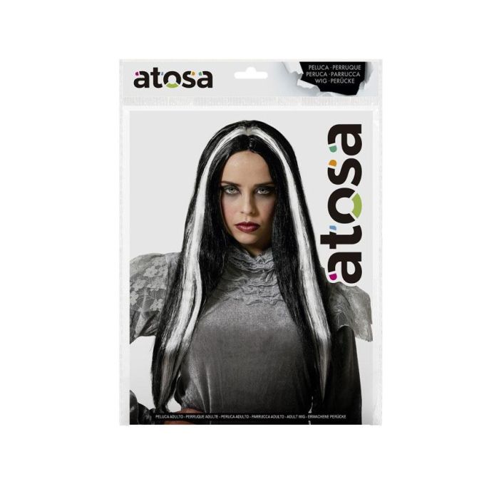Peluca Larga Vampiresa 60 cm Blanca y Negra con Mechas - Disfraz Halloween y Fiestas Temáticas 1