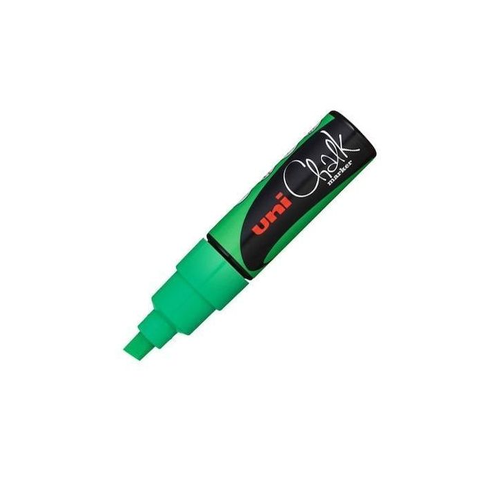 Uni-Ball Marcador de Tiza Líquida Chalk PWE-8K Verde Flúor - Punta Biselada Ancha 8mm (6 Unidades) (6 Unidades)