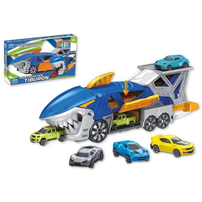 Camión tiburón portacoches, incluye 3 coches, 33x11x7cm 3