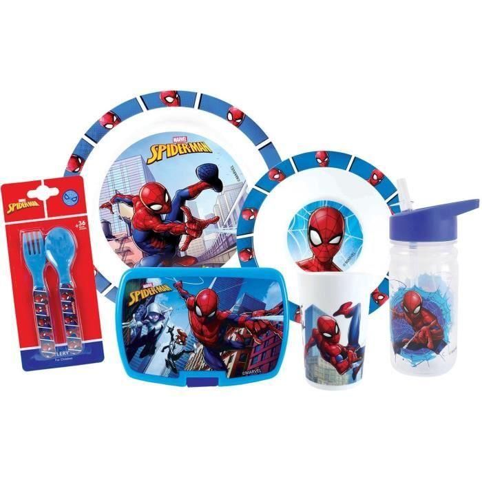 Vajilla - FUN HOUSE - SPIDERMAN - Vaso, plato Ø22 cm y Ø16 cm, cubiertos, botella de agua y caja de aperitivos