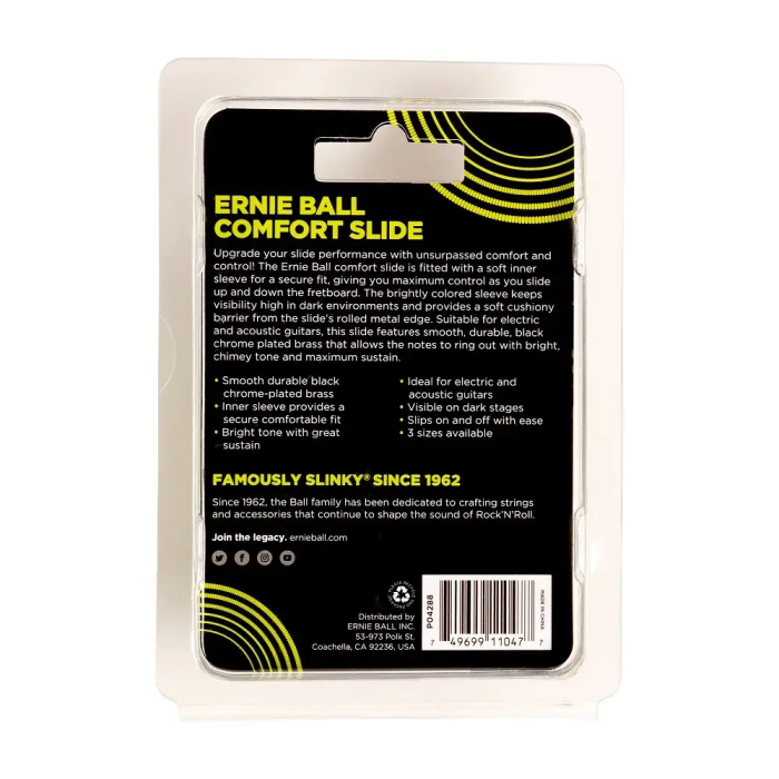 ERNIEBALL Slide Comfort Mediano Slide para Guitarra Eléctrica y Acústica con Funda Interior de Color Brillante Latón y Acabado Cromo Negro Pulido 2