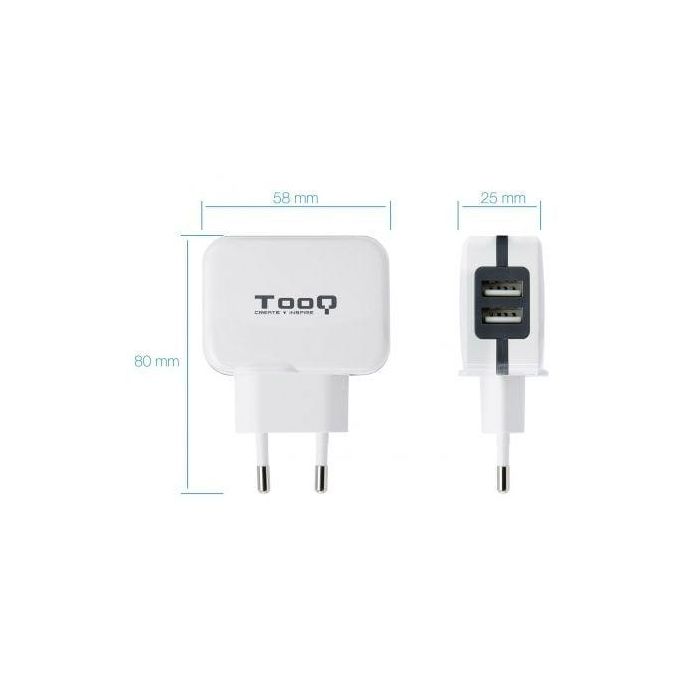 TooQ TQWC-1S02WT Cargador de Pared USB con 2 Puertos, 17W, 3.4A, Blanco 1 TooQ TQWC-1S02WT Cargador de Pared USB con 2 Puertos, 17W, 3.4A, Blanco 1