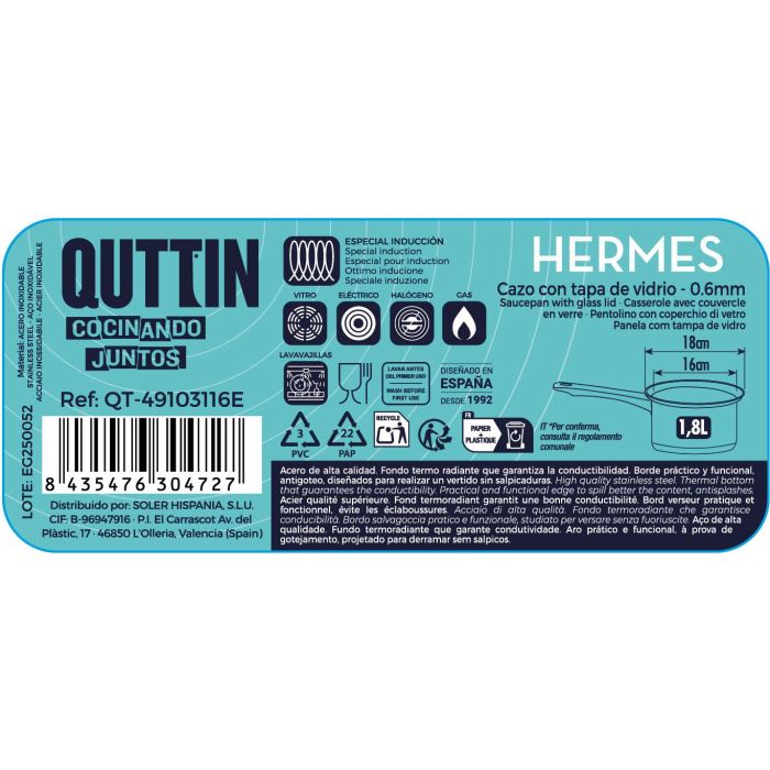 Cazo 16Cm(1,8L) Acero Ind. C/T "Hermes" Qt (8 Unidades) 2 Cazo 16Cm(1,8L) Acero Ind. C/T "Hermes" Qt (8 Unidades) 2