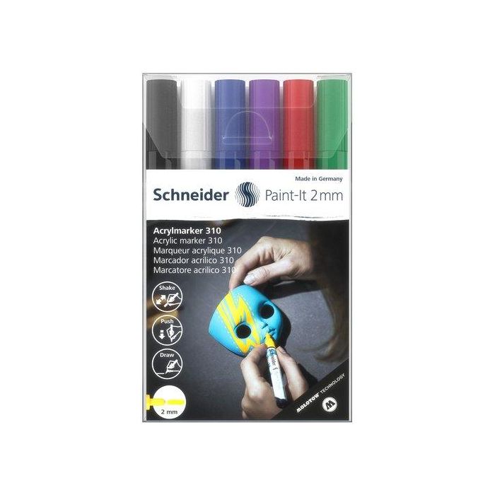Marcador Acrylic Schneider Paint-It 310 Conico (2 Mm) Estuche De 6 (Negro, Blanco, Azul, Violeta, Rojo, Verde)