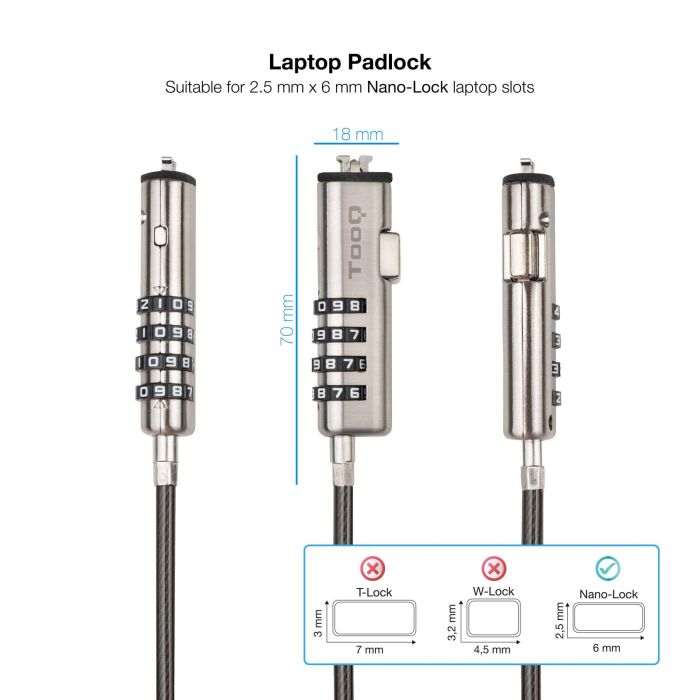 TOOQ Cable de Seguridad Tipo NANO con Combinacion para Portatiles 1.5 metros, Gris Oscuro 2 TOOQ Cable de Seguridad Tipo NANO con Combinacion para Portatiles 1.5 metros, Gris Oscuro 2