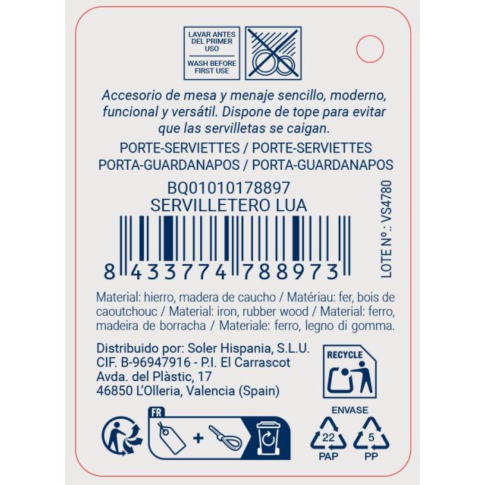 Inde Servilletero Lua Quttin - 19 x 19 x 7 cm, 410 gr (12 Unidades)