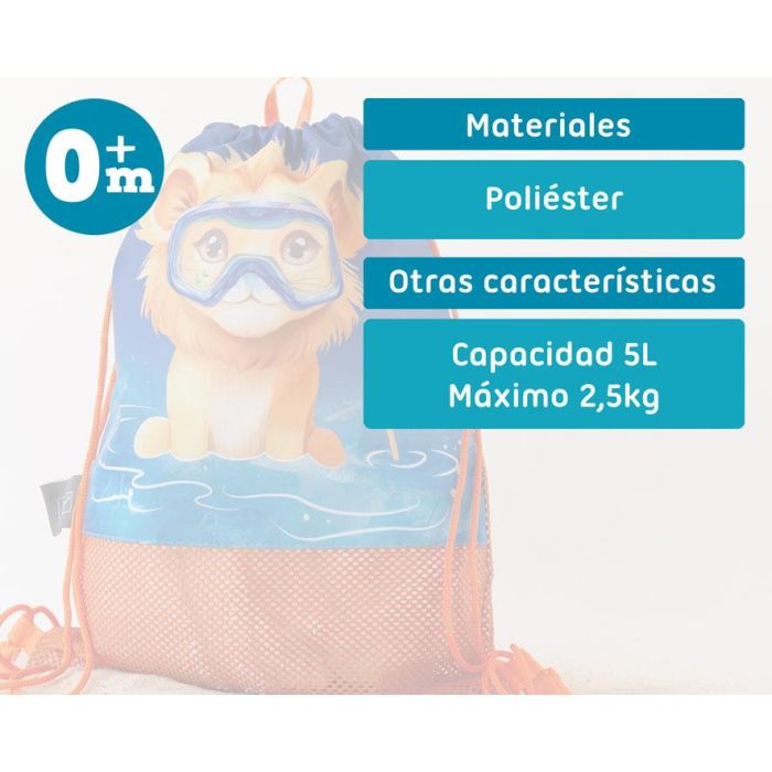 KioKids Bolsa de Playa y Mochila Infantil Animales Naranja Safari fun 5L Transpirable para Sacudir Arena +0 Meses 3