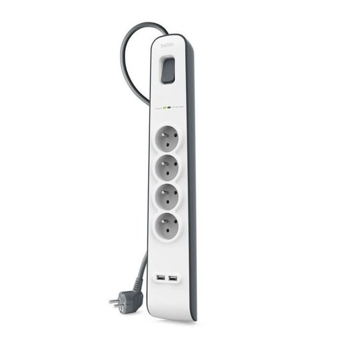 Belkin Regleta de Protección Contra Sobretensiones con 4 Tomas y 2 Puertos USB, Cable de 2 Metros, Blanco-Gris