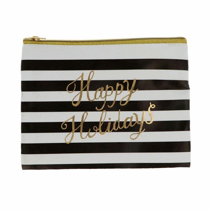 Inca Estuche Neceser Organizador 'Happy Holidays' Rayas Blanco/Negro Diseño Elegante con Cremallera Dorada 21,5x15 cm (1 unidad)