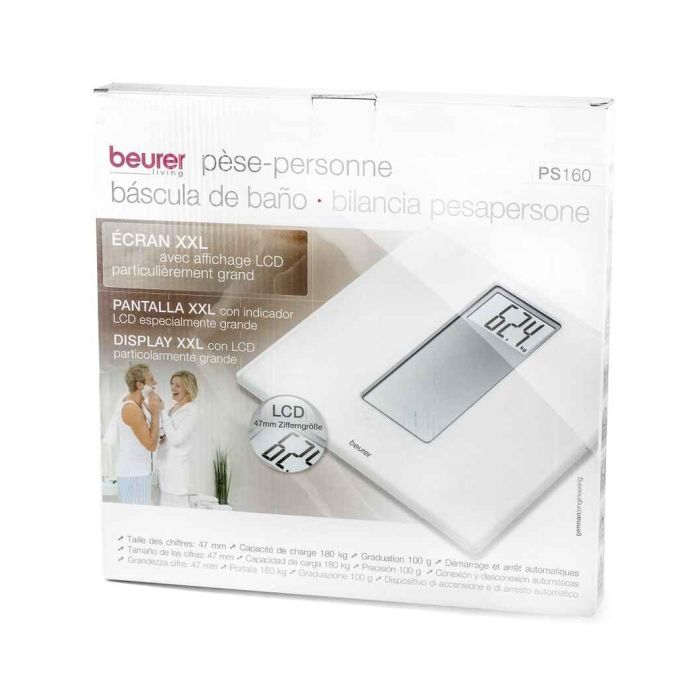 Beurer PS-160 Báscula Digital Blanca con Pantalla LCD Extragrande y Detalle de Vidrio 1 Beurer PS-160 Báscula Digital Blanca con Pantalla LCD Extragrande y Detalle de Vidrio 1