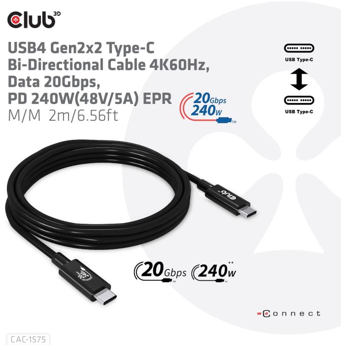 Club 3D CAC-1575 Cable USB 4 Tipo C a USB C, 240W PD, 20Gbps, 4K, 2m Macho a Macho Negro 6