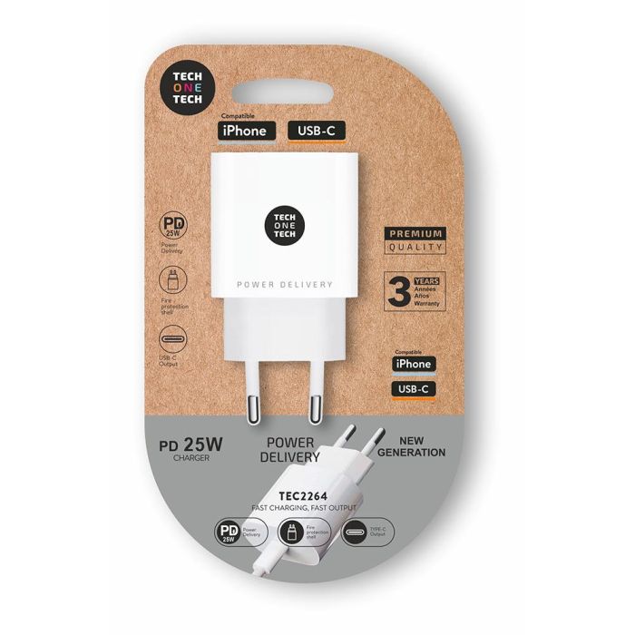 Cargador de Pared Tech One Tech TEC2264/ 1xUSB Tipo-C/ 25W/ Blanco