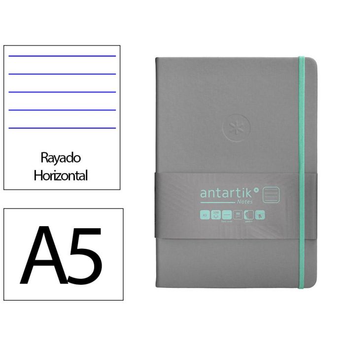 Cuaderno Con Gomilla Antartik Notes Tapa Dura A5 Hojas Rayas Gris Y Turquesa 100 Hojas 80 gr Fsc