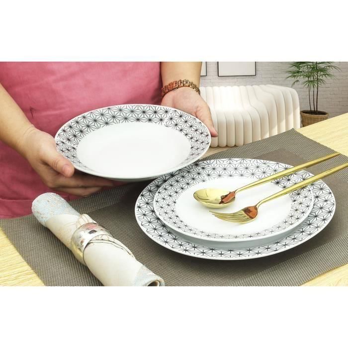 Servicio de mesa 18 piezas en porcelana formas geométricas en blanco y negro 2 Servicio de mesa 18 piezas en porcelana formas geométricas en blanco y negro 2
