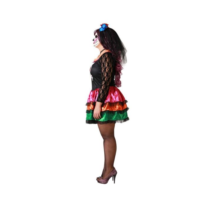 Disfraz Vestido Negro Estampado Calavera Mexicana con Volantes Multicolor Mujer Adulta Talla XXL para Halloween y Día de Muertos 1