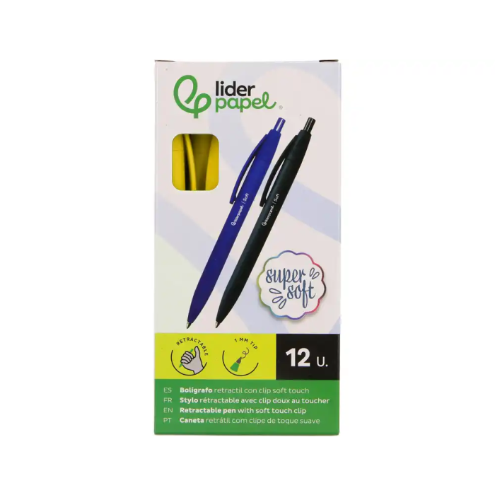 Liderpapel Bolígrafo Retráctil con Clip - Punta 1.0 mm, Tinta Azul, Acabado Soft Touch, Cuerpo Amarillo, Ref. 27x145x70 mm