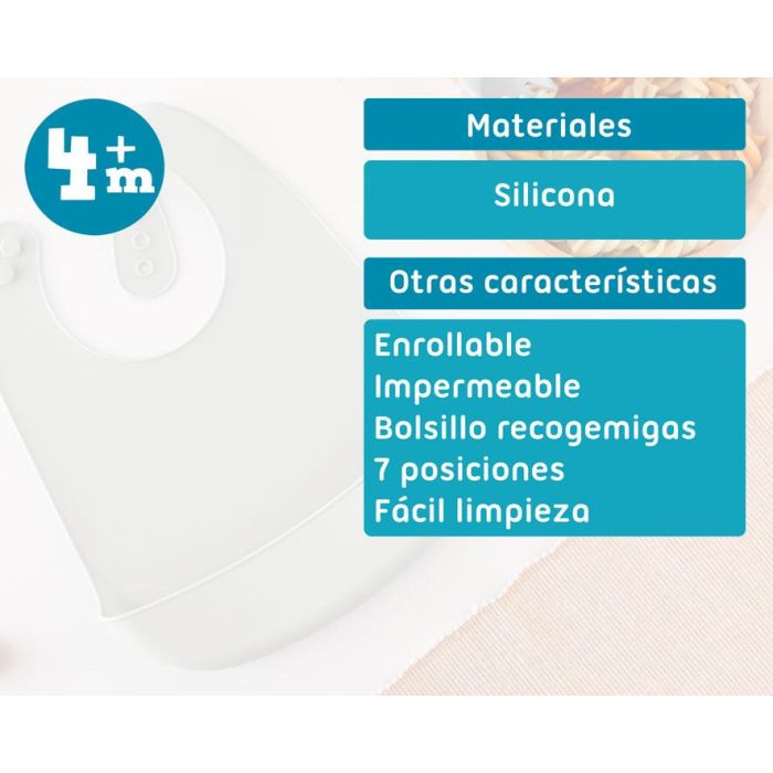 KioKids Babero Silicona Blandito Impermeable Ajustable con Bolsillo Recogemigas Enrollable Gris para Bebé +4 meses 5