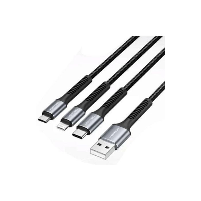 Cable USB 2.0 Lightning Vention H18BAV/ USB Tipo-C Macho/ Lightning Macho - MicroUSB Macho - USB Macho/ 1.2m/ Negro