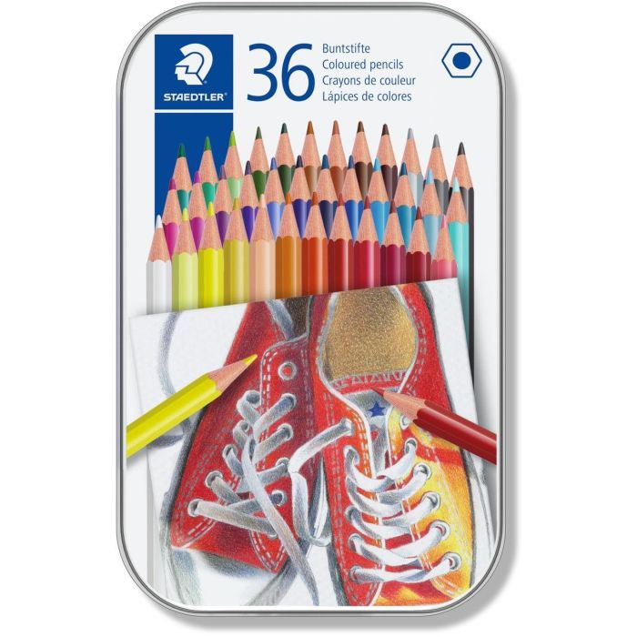 Staedtler Lápices de Colores, 36 Unidades Surtidas, Caja Metálica Hexagonal de Madera, Fácil de Afilar