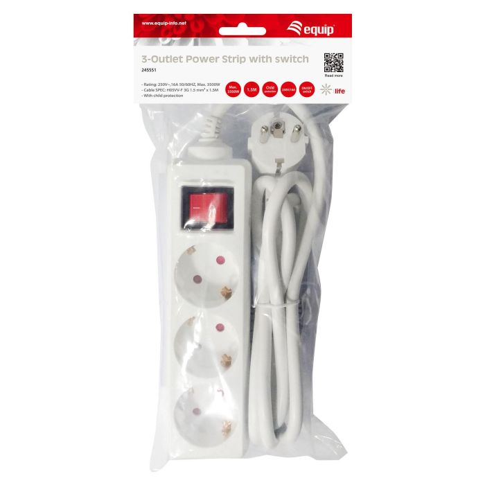 Equip Regleta Con 3 Tomas Cable De 1.5 Metros Y Botón De Apagado Y Encendido