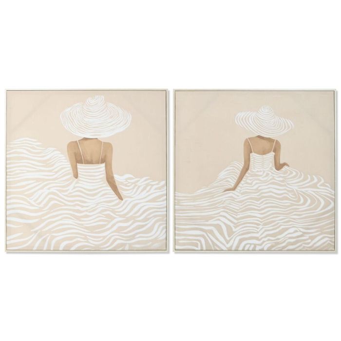 DKD Home Decor Cuadro Scandi Beige Blanco Chica Vestido Lienzo/PS (2 Unidades) 82.5 x 82.5 x 3.5 cm