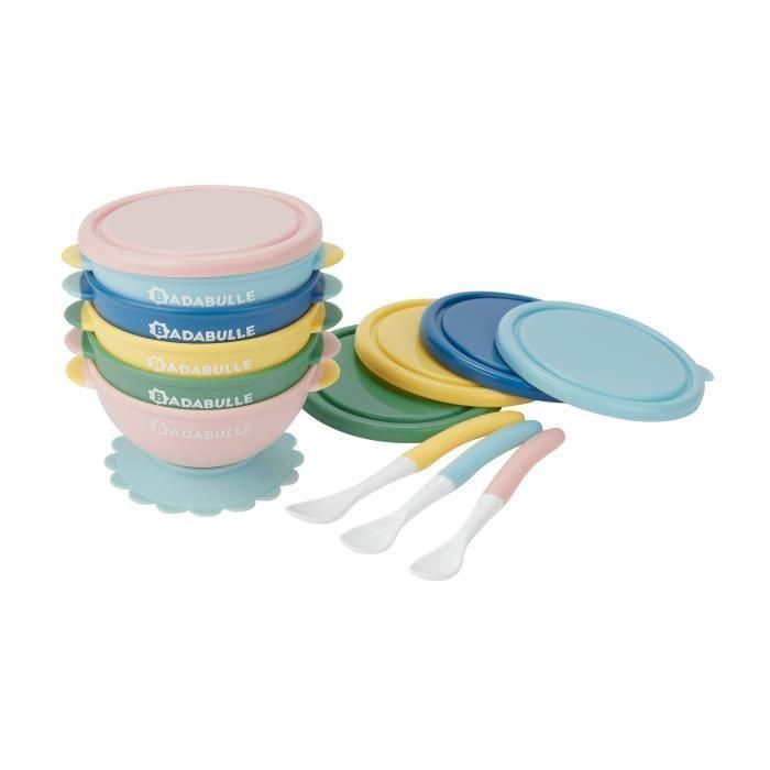 Badabulle Set de 5 cuencos antideslizantes de 330ml y 3 cucharas blandas Badabulle Set de 5 cuencos antideslizantes de 330ml y 3 cucharas blandas