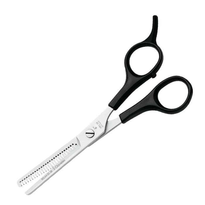 Tres Claveles Tijera de Peluquería de Esculpir 6" Negra Acero Inoxidable 28 Dientes Filo Microdentado con Apoyadedos