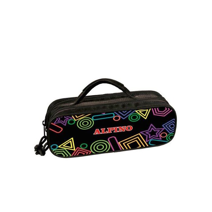 Alpino Plumier Mini Black 3 Compartimentos con 12 Rotuladores, Lápiz, Goma, Sacapuntas y Regla