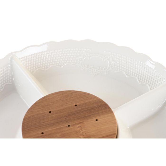 DKD Home Decor Bandeja Básicos Decorativa de Porcelana y Bambú Blanco Natural 25.5x25.5x3 cm