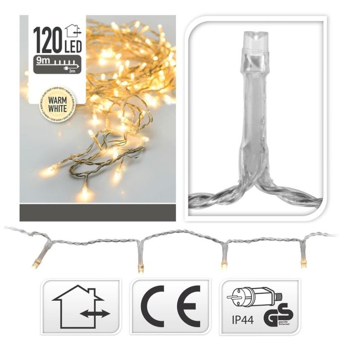 Guirnalda fija 120 leds blanco calido 220v 12m ip44 cable transparente 1