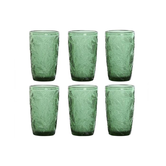 DKD Home Decor Vaso Básico de Cristal Verde 370ml con Relieve Hojas - Set de 6 Vasos 8x13x8 cm Colección Tropical Garbo
