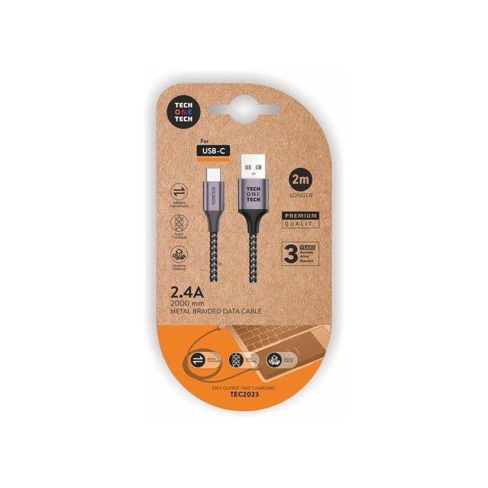 Tech One Tech Cable USB-A a USB-C 2m Nylon Gris - Datos y Carga Rápida, Compatible con Móviles, Tablets y más