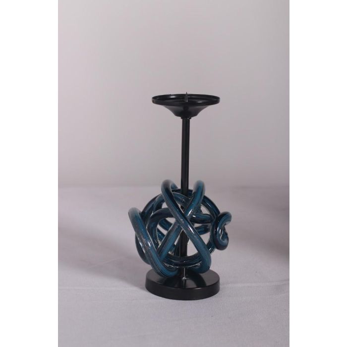 DKD Home Decor Portavela Azul de Cristal y Metal, Forma de Bola, 25 cm Alto, 13x13 cm Base, para Decoración de Interiores