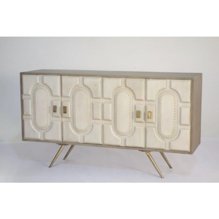 DKD Home Decor Aparador Moderno Colección Cruz Rombo Blanco Dorado de Mango y Latón Hecho a Mano, 2 Puertas, 2 Estantes, 93x41x114 cm 1