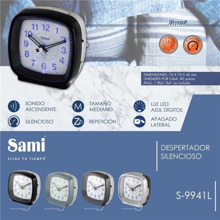 SAMI Despertador Cuadrado Mediano con Función Silenciosa y Luz LED Azul, Color Plata Oscuro