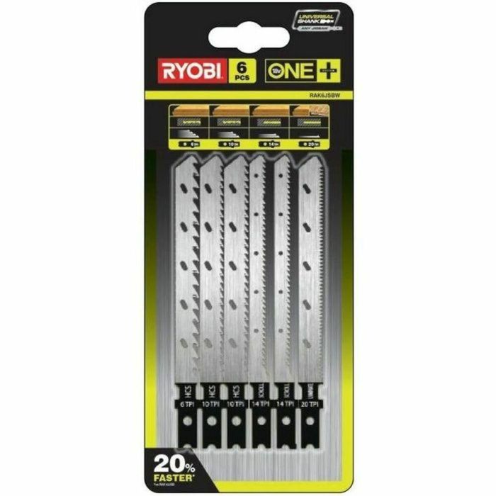 Ryobi Blister 6 Cuchillas para Sierra de Calar Inalámbrica ONE+, Kit Mixto para Cortes Rectos, Desplazamiento y Acabado (6, 10, 14, 20 TPI)