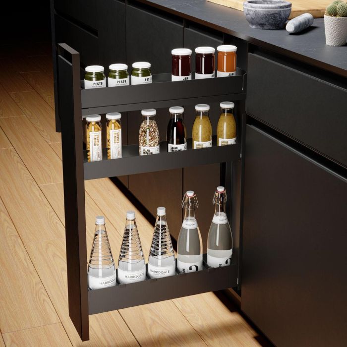 Menage Confort Botellero Alto Nova Flat Extraíble para Módulo 150, 3 Bandejas Antracita, Guías Grass Soft-Close Extracción Total 40kg 1 Menage Confort Botellero Alto Nova Flat Extraíble para Módulo 150, 3 Bandejas Antracita, Guías Grass Soft-Close Extracción Total 40kg 1