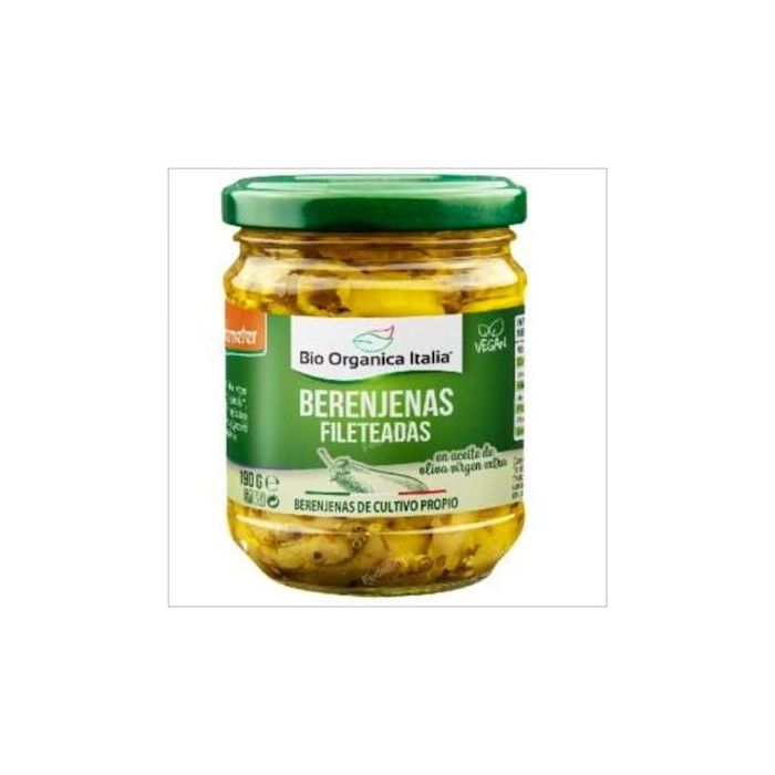 Demeter Berenjenas en Aceite de Oliva Virgen Extra 190g. Ingredientes orgánicos, ideal para ensaladas o aperitivos veganos.