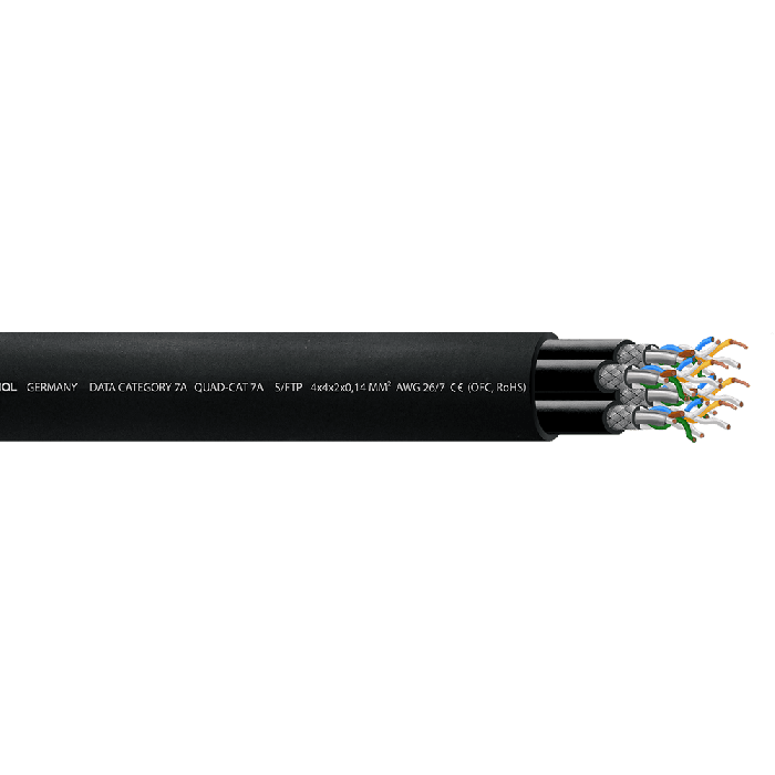 Cordial Cable de Red Cat7A S/FTP Quad, Cobre, PoE, Bobina de 100m para Instalación, Redes y Datos - 4 Pares Apantallados