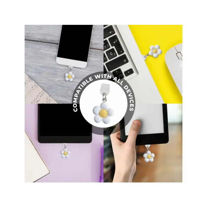 Wondee Charm Funny Protegepuertos Móvil con Colgante Floral Blanco para Tipo-C - Protección Contra Polvo y Decoración para Smartphone