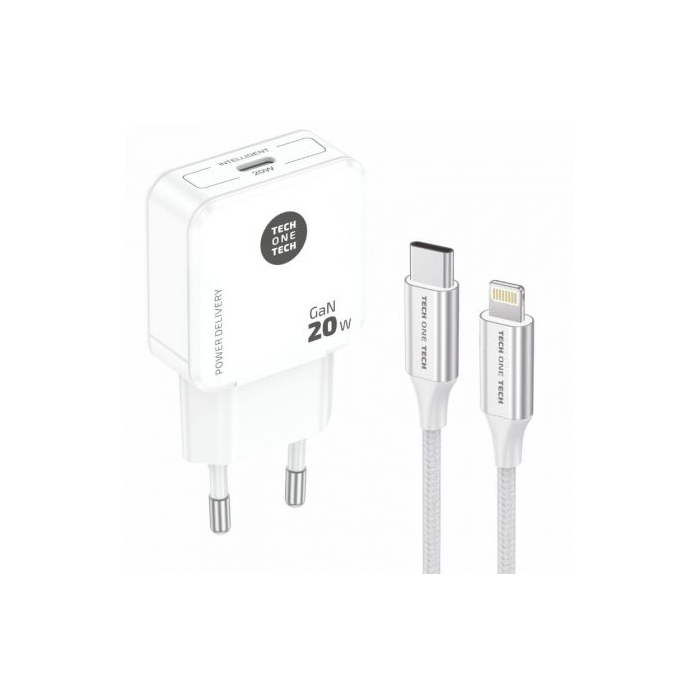Tech One Tech TEC2222 Cargador de Pared 20W USB Tipo-C con Cable Lightning Blanco 1 Tech One Tech TEC2222 Cargador de Pared 20W USB Tipo-C con Cable Lightning Blanco 1