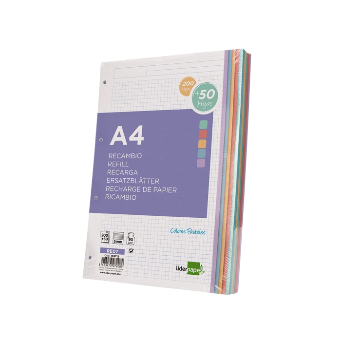 Liderpapel Recambio A4 200+50 Hojas 90gr Cuadro 5mm 4 Taladros Bandas de 5 Colores 2