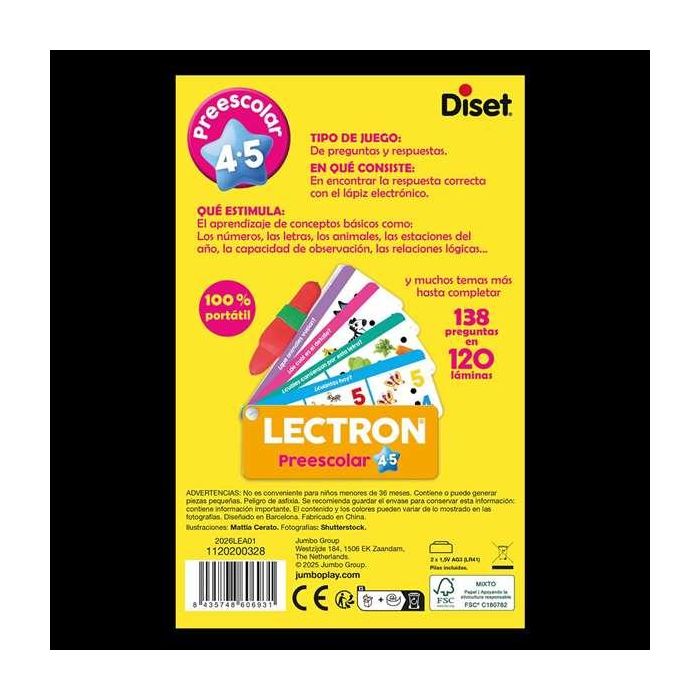 Diset Lectron Lápiz con Luz y Sonidos Prescolar 4-5 Años. 138 Preguntas en 120 Láminas. Juego Educativo Electrónico en Español
